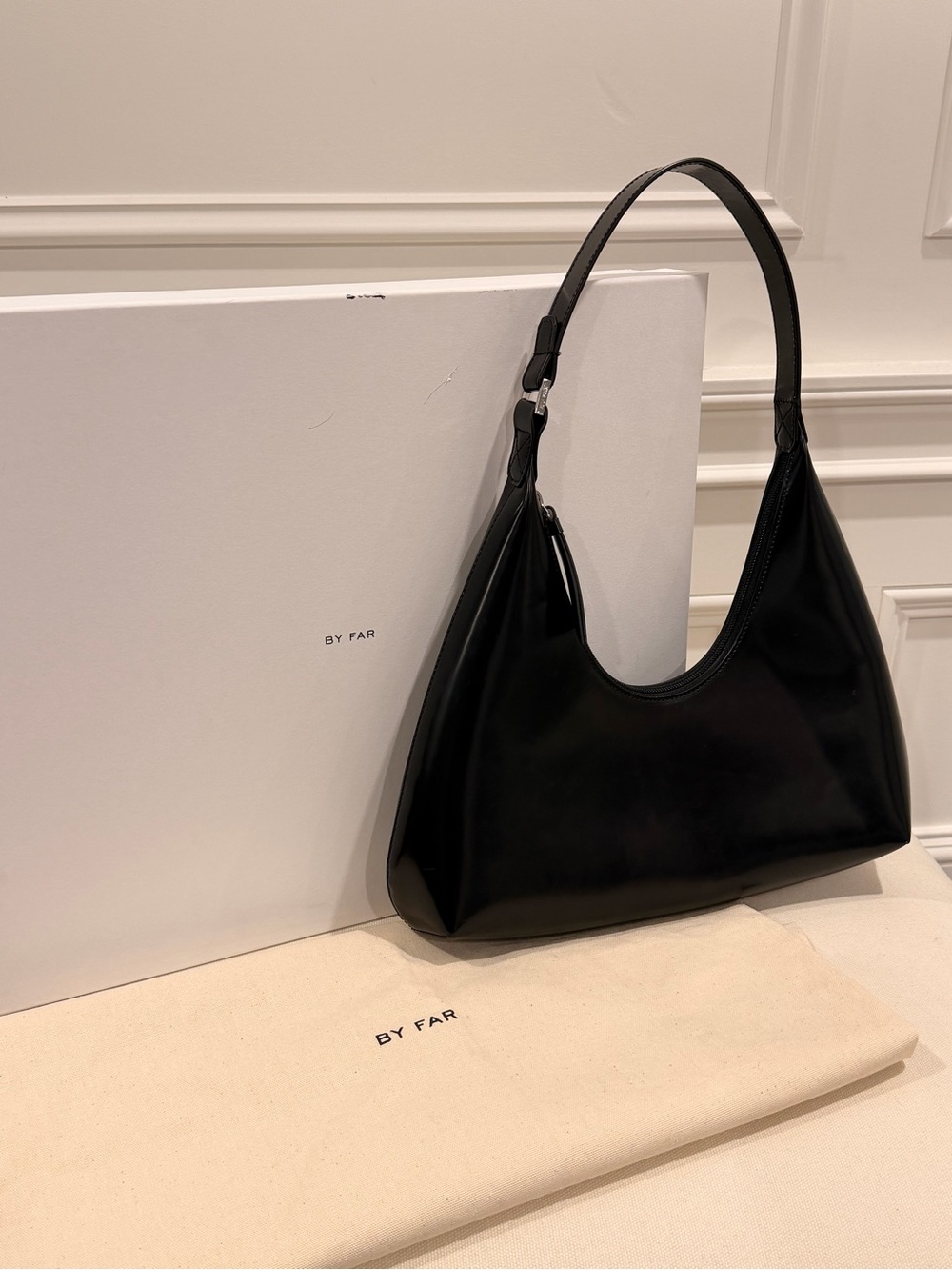 BY FAR Black Leather Crescent Shoulder Bag